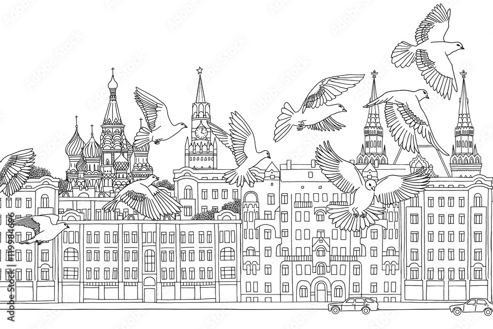 Moscow, Russia - hand drawn black and white cityscape with birds