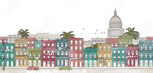 Havana, Cuba - seamless banner of Havana's skyline, hand drawn and digitally colored ink illustration