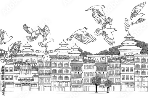 Kathmandu, Nepal - hand drawn black and white cityscape with birds