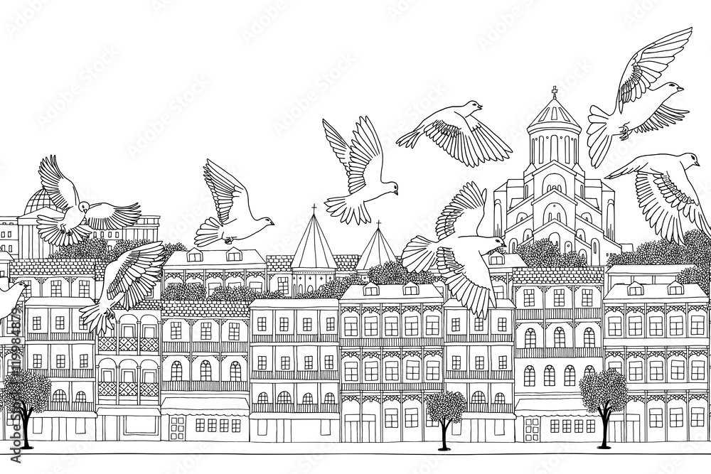 Naklejka premium Tbilisi, Georgia - hand drawn black and white cityscape with birds