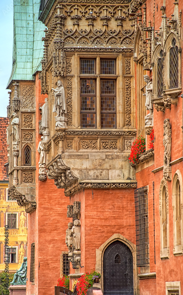 Fototapeta premium medieval Architecture of town hall on the Market square in Wroclaw, Poland. Wroclaw is the historical capital of Silesia and Lower Silesia