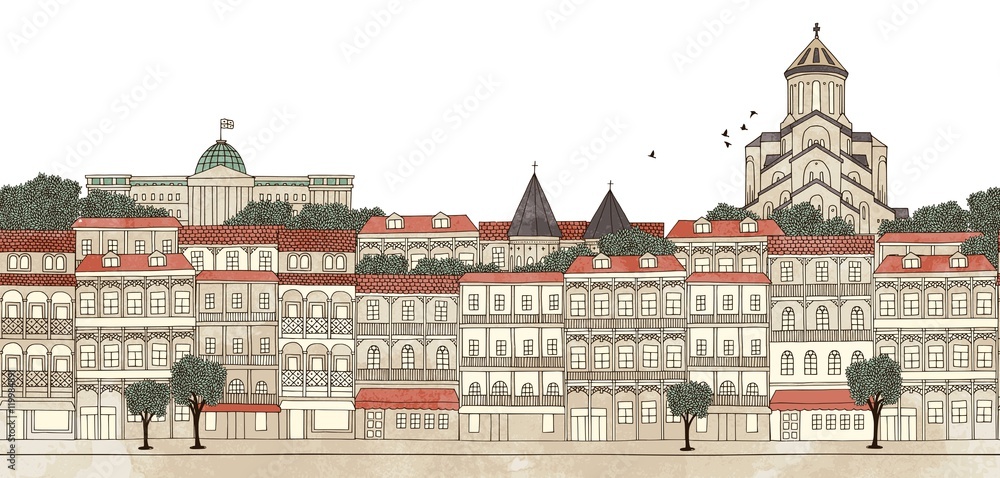 Tbilisi, Georgia - seamless banner of Tbilisi's skyline, hand drawn and digitally colored ink illustration
