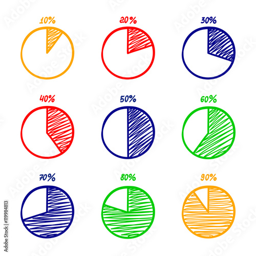 Hadn-drawn vector feltip pen pie chart icons set