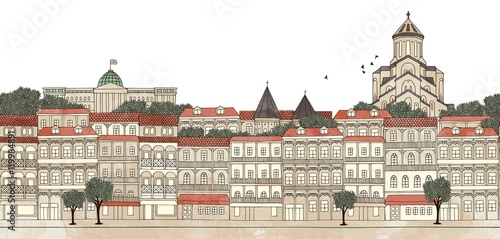 Tbilisi, Georgia - seamless banner of Tbilisi's skyline, hand drawn and digitally colored ink illustration