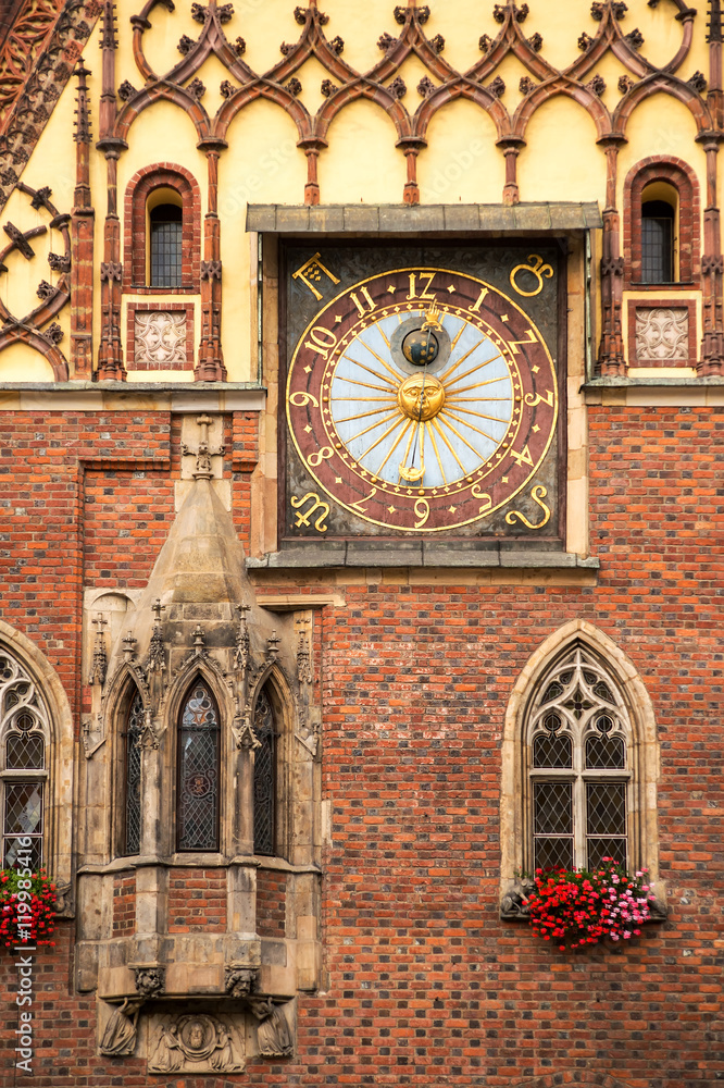 Naklejka premium Astronomical clock on the Old Town Hall on Market Square in the Old Town of Wroclaw Poland.