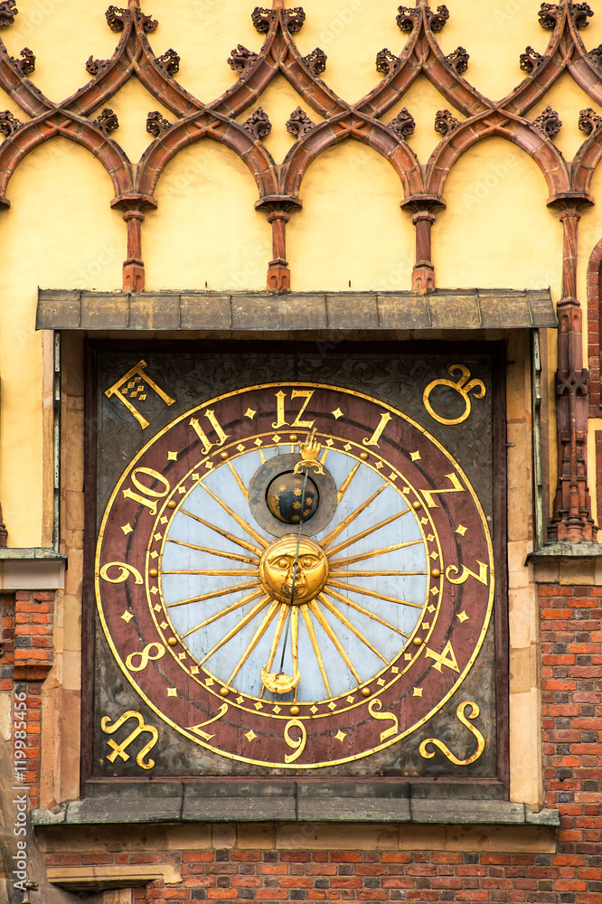 Astronomical clock on the Wroclaw Town Hall on Market Square, Poland.