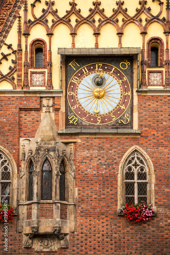 Astronomical clock on the Old Town Hall on Market Square in the Old Town of Wroclaw Poland.