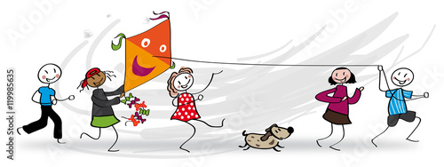 Kinder lassen einen Drachen steigen - VeKtor Illustration