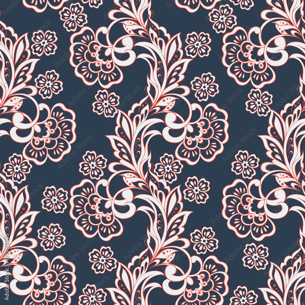 Elegance seamless pattern with ethnic flowers. Vector Floral Illustration in Asian textile style