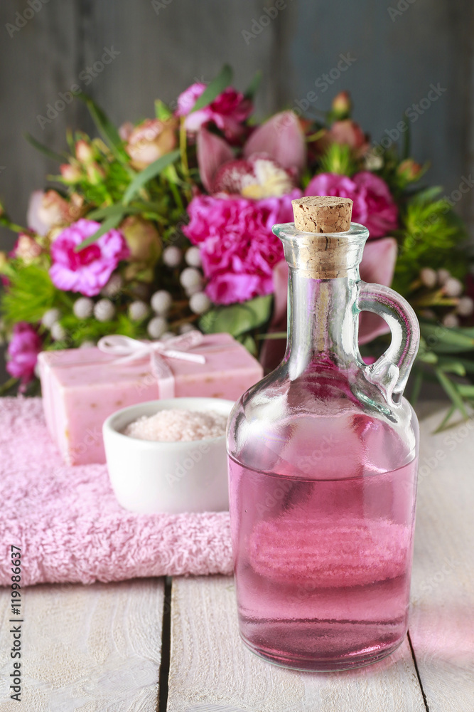 Bottle of pink liquid soap
