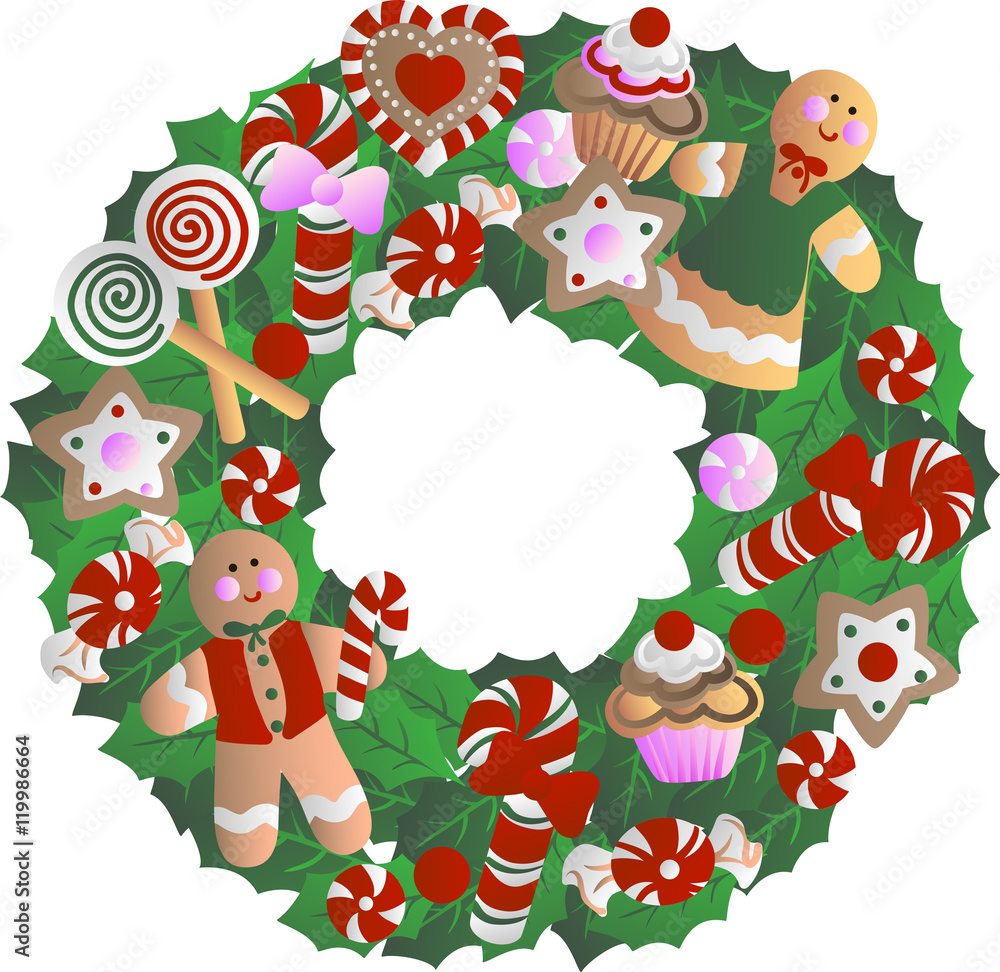 Holly wreath with Christmas decorations - cookies in the form of men, cupcakes, stars, candy, sweets, heart. Hand drawn vector stock illustration Holly wreath with Christmas decorations - cookies in the form of men, cupcakes, stars, candy, sweets, heart. Hand drawn vector stock illustration
