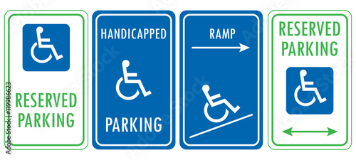 Handicapped reserved parking signs. Wheelchair ramp access sign