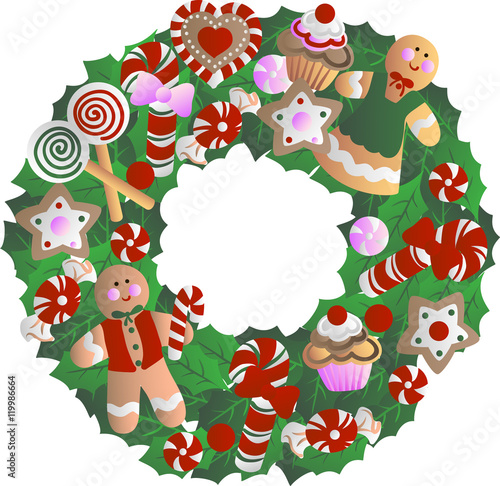 Fototapeta Naklejka Na Ścianę i Meble -  Holly wreath with Christmas decorations - cookies in the form of men, cupcakes, stars, candy, sweets, heart. Hand drawn vector stock illustration