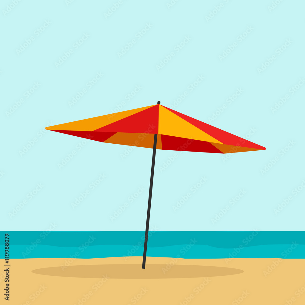 Beach umbrella vector illustration isolated, flat cartoon red orange umbrella on empty beach and sea horizon