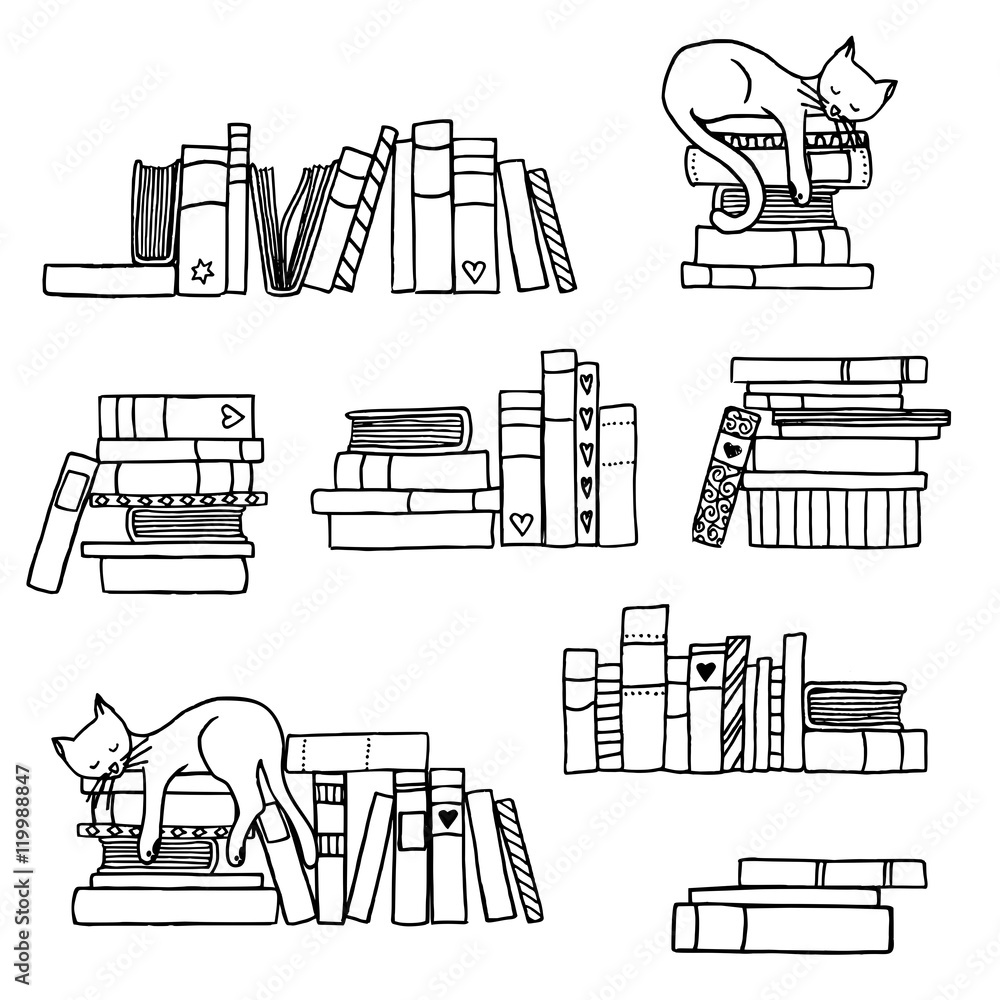 Naklejka premium Hand drawn book stacks with cute sleeping cat