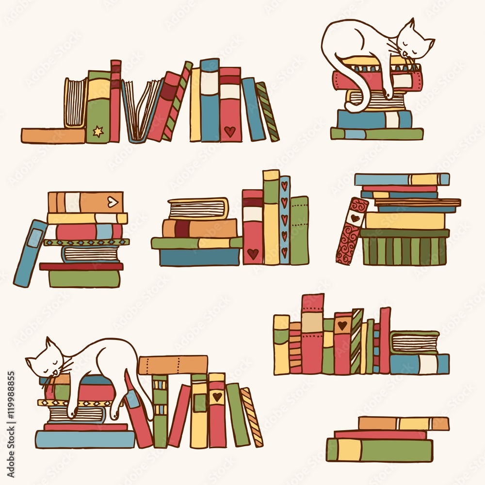 Fototapeta premium Hand drawn colorful book stacks with cute sleeping cat