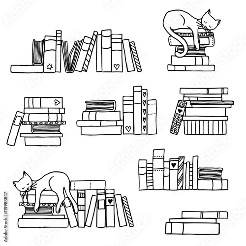 Hand drawn book stacks with cute sleeping cat