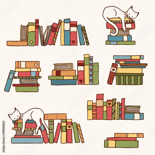 Hand drawn colorful book stacks with cute sleeping cat