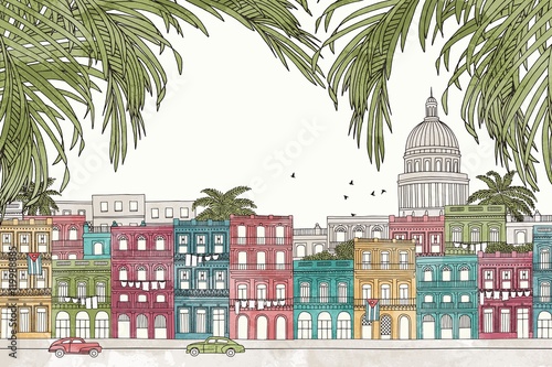 Havana, Cuba - hand drawn colorful illustration of the city with green palm tree branches photo