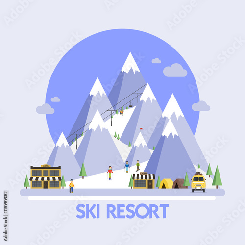 Ski Resort. Mountain landscapes. Vector flat illustrations © vectorplus
