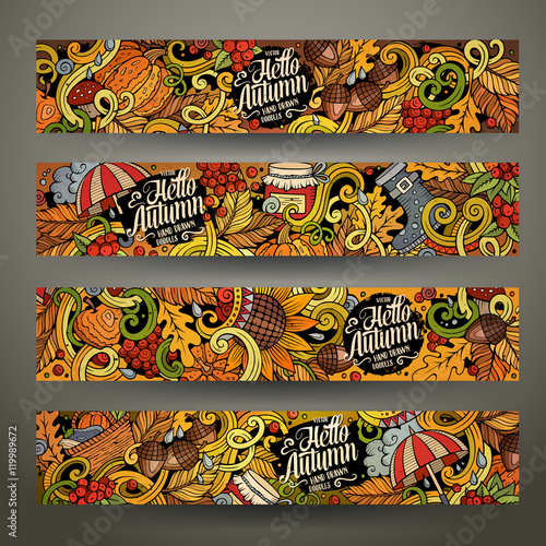 Cartoon vector hand drawn doodles Autumn banners