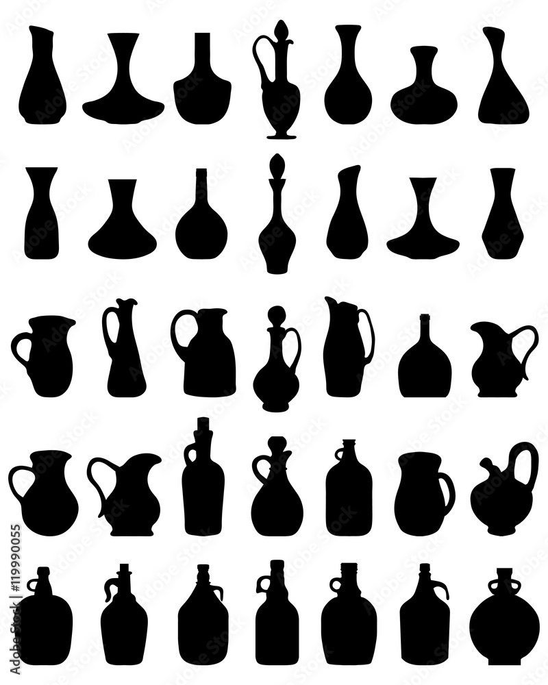 Black silhouettes of bowls and bottles, vector Black silhouettes of bowls and bottles, vector