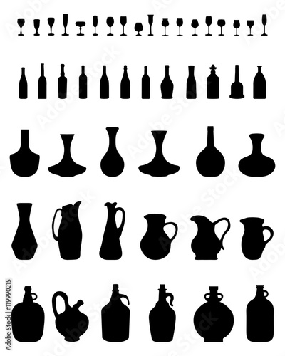Black silhouettes of bowls, bottles and glasses, vector