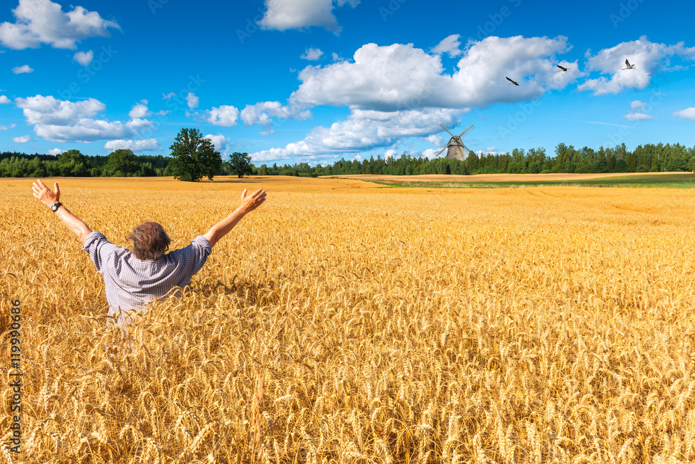 Happy man among the field of ripening wheat Happy man among the field of ripening wheat