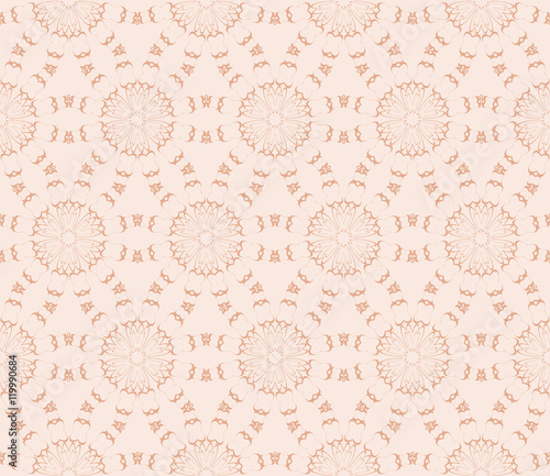 Abstract illustration of a seamless pattern of floral ornament. Vector. Beige, pastel color.