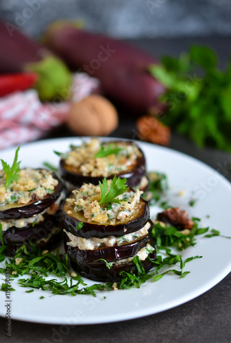 Appetizer of eggplant and nut sauce, cilantro and garlic