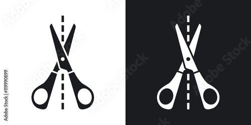 Vector scissors icon with cutting line. Two-tone version on black and white background