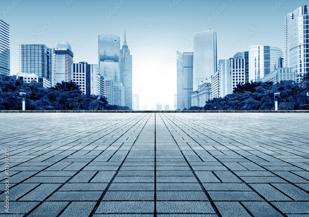 City skyline and marble floors