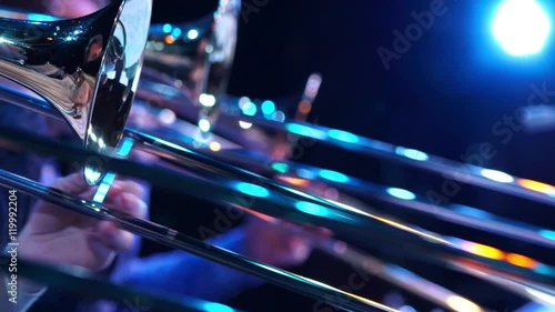 Closeup film of fragment trumpet. Instrument closeup on focus and focusless.