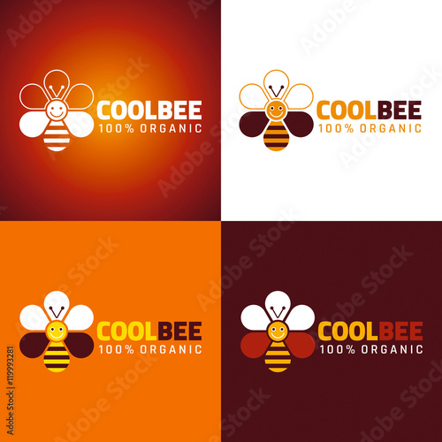 Bee honey logo icon with cartoon flat honeybee, text lettering on color background. Modern elegant style, beekeeping food concept, wildlife abstract template.