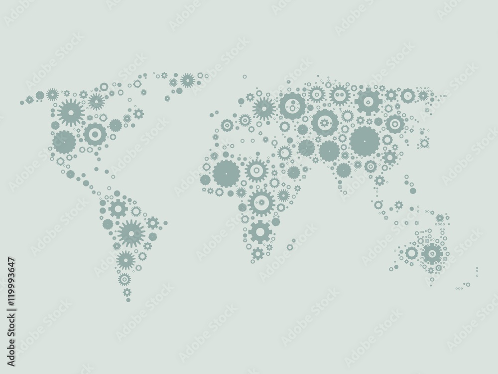 World map mosaic of grey cog wheels on light grey background. Industrial theme. Vector illustration.