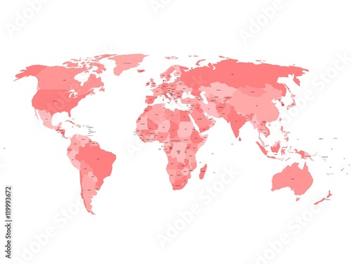 World map with names of sovereign countries and larger dependent territories. Simplified vector map in four shades of red on white background.