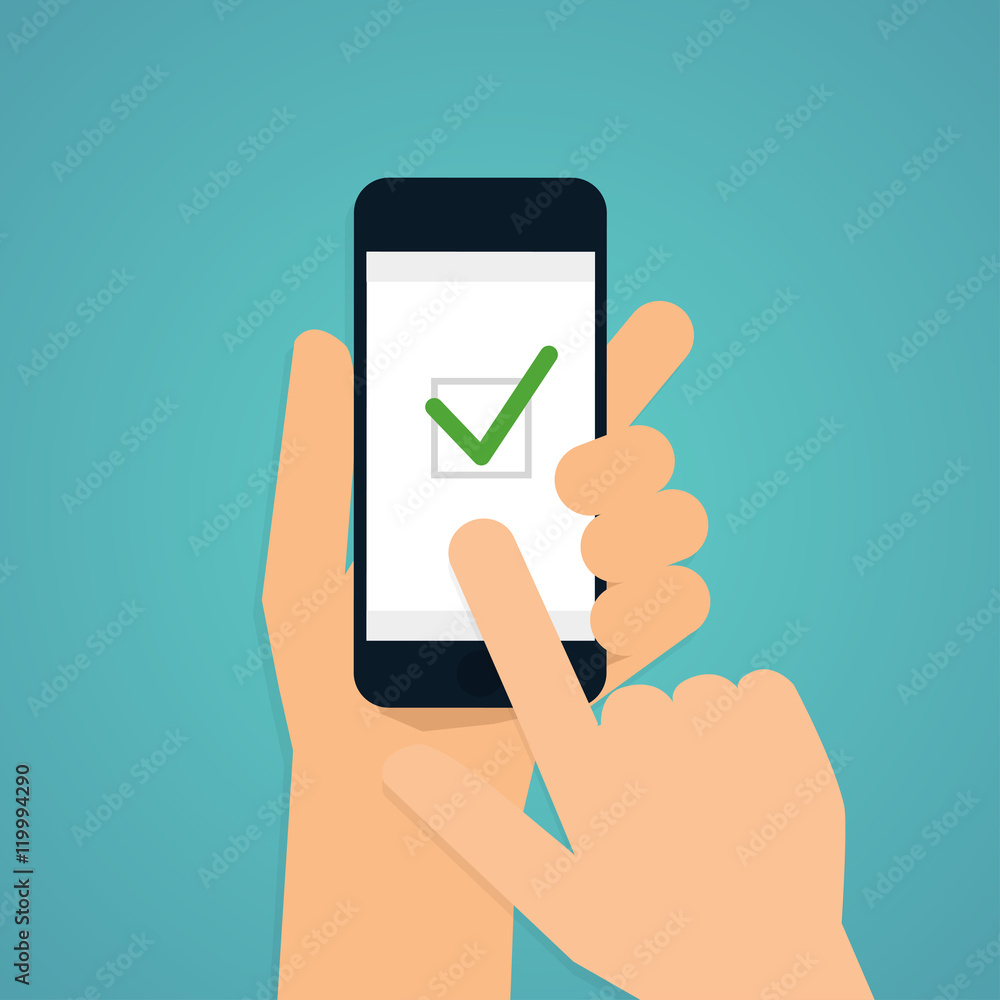 Hand holding mobile smart phone with check app. Vector modern fl Hand holding mobile smart phone with check app. Vector modern fl
