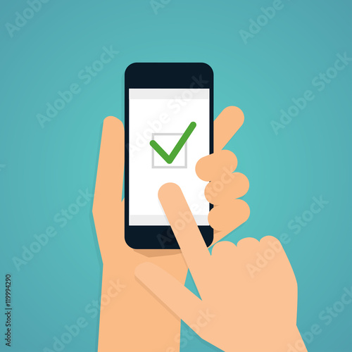 Hand holding mobile smart phone with check app. Vector modern fl