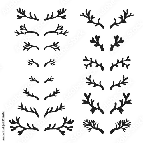 Set of hand drawn deer horns black on the white background  silhouette of antlers