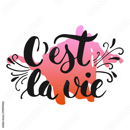 C'est la vie - hand drawn lettering phrase that's life in French, isolated on the white background with colorful sketch element. Fun ink inscription for photo overlays, greeting card or poster design