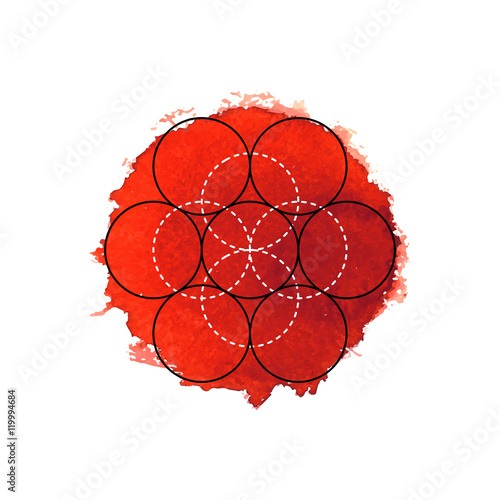 Symbol of alchemy and sacred geometry on the red watercolor background. Linear character illustration for lines tattoo on the white isolated background.