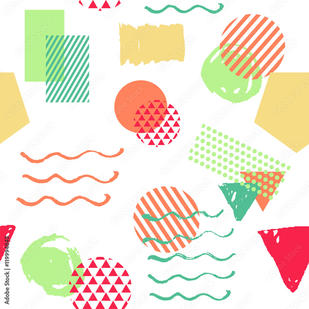 Seamless colorful geometric pattern background inspired by memphis style. Illustration with triangle, square, circle for textile design, fashion poster.