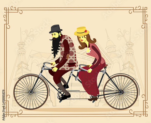 Cool vector flat design happy mature man and woman characters couple riding tandem bicycle isolated. Love couple. Valentine's day greeting card. Vector cartoon illustration.
