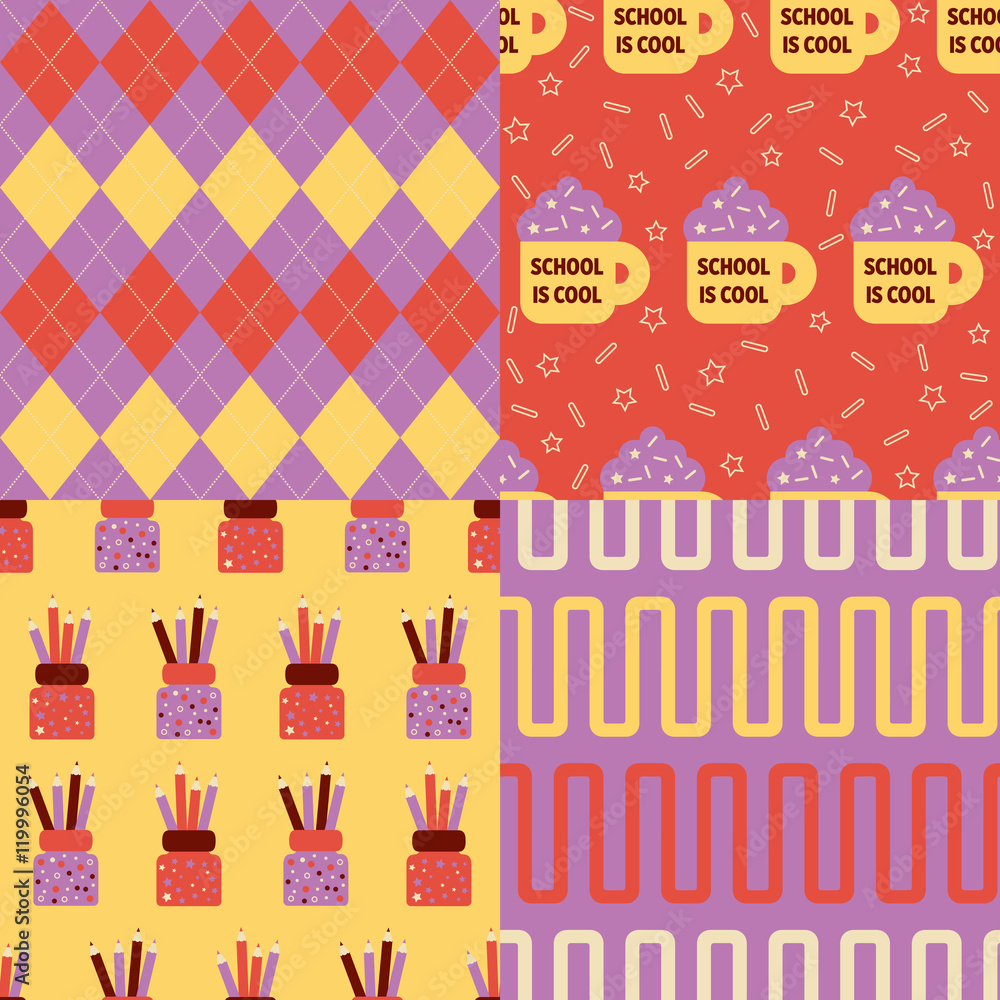Back to school patterns - Collection of 4 school themed retro seamless patterns Back to school patterns - Collection of 4 school themed retro seamless patterns