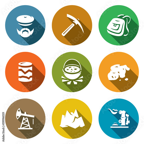 Vector Set of Geology Icons. Geologist, Instrument, Journey, Research, Nutrition, Gold, Oil, Landscape, Gas.