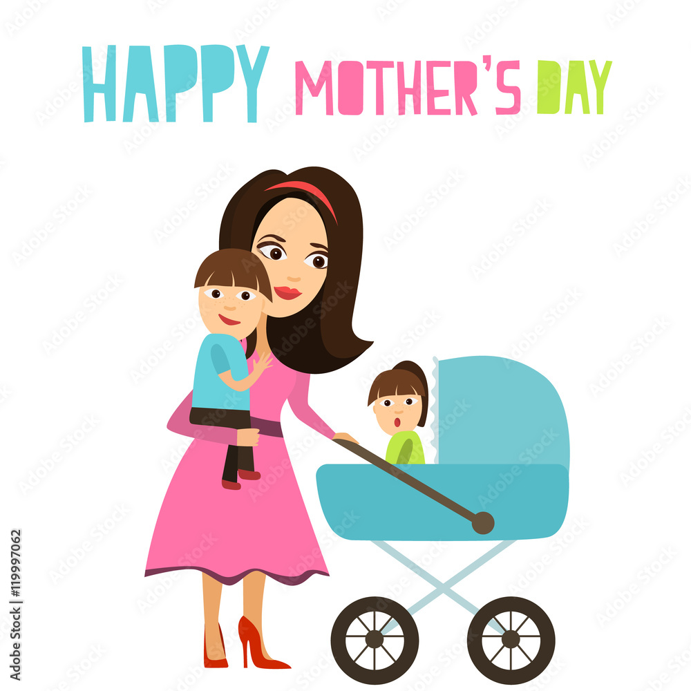 Joyful Mother walks with children. Vector Joyful Mother walks with children. Vector