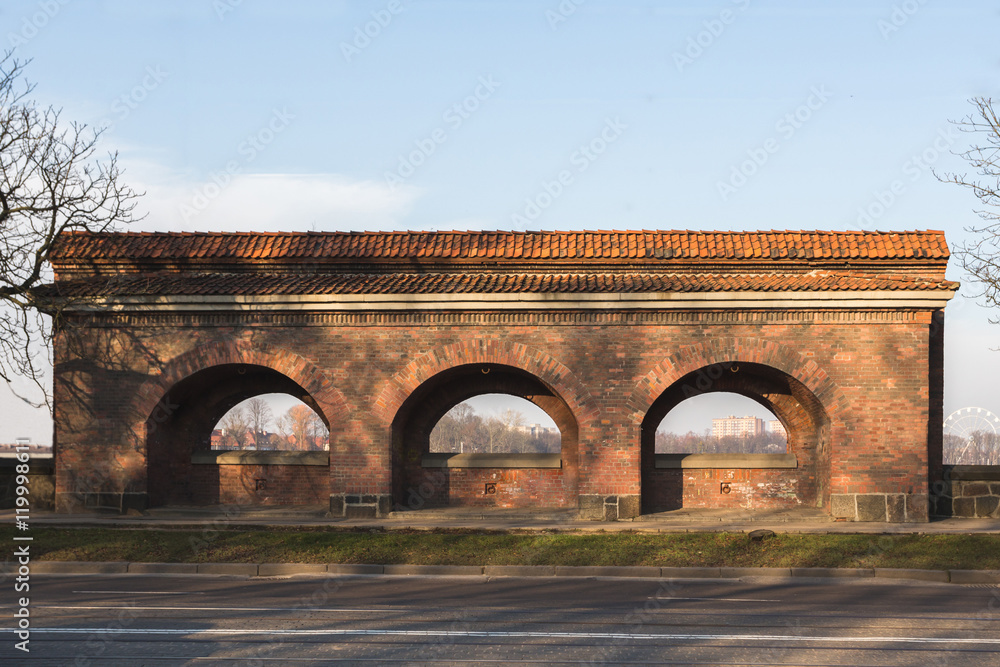 German pre-war building, red brick, fortress Konigsberg, Kaliningrad cultural monuments Russia, November 25, 2015