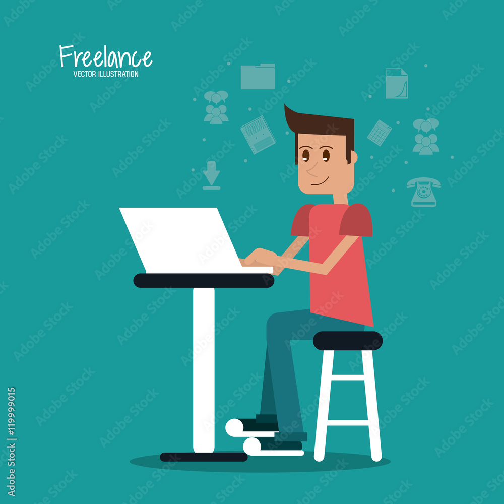 Cartoon man sitting with laptop on table. Work at home and freelance theme. Colorful design. Vector illustration Cartoon man sitting with laptop on table. Work at home and freelance theme. Colorful design. Vector illustration