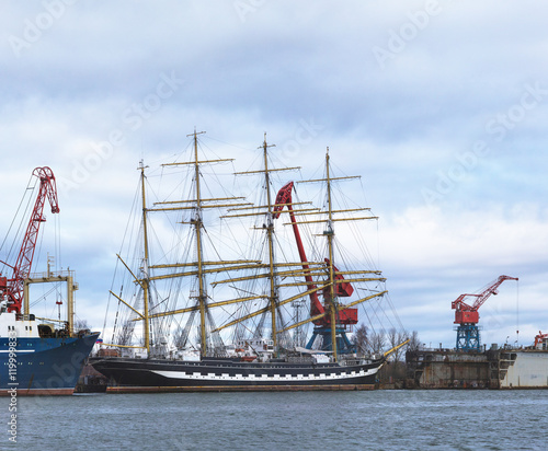 sailboat mooring, old ship sail, tall masts with sails