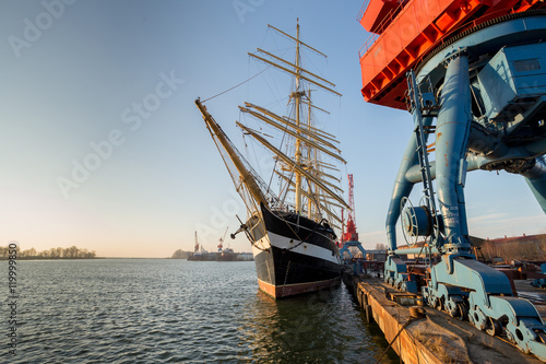 sailboat mooring, old ship sail, tall masts with sails